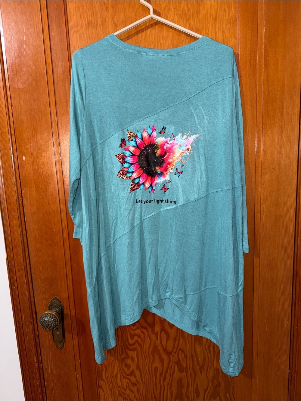 LOGO by Lori Goldstein Teal Tunic with Bright Sunflower Graphic